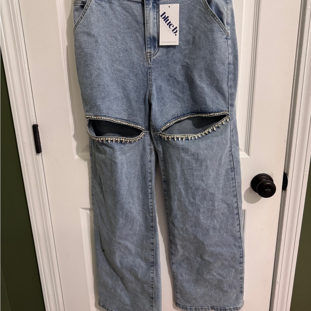 Blue Straight Leg Jeans with rhinestone slit Taylor swift